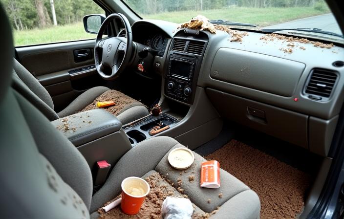 Cluttered and dirty SUV interior