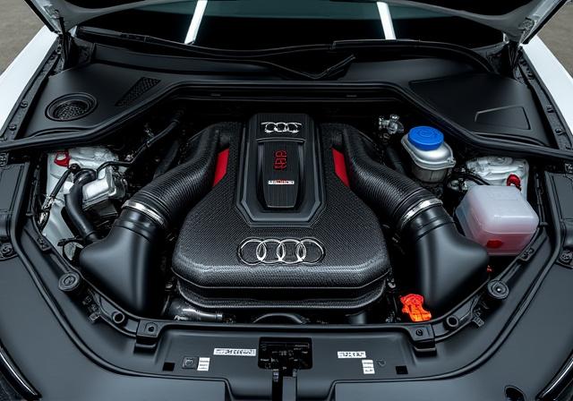 Offener Motorraum eines Audi RS6 mit Carbon-Teilen