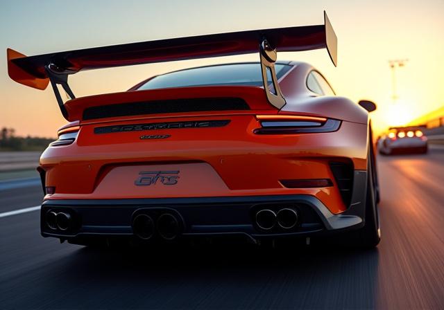 Heckansicht eines Porsche 911 GT3 RS mit glänzendem Titan-Auspuff