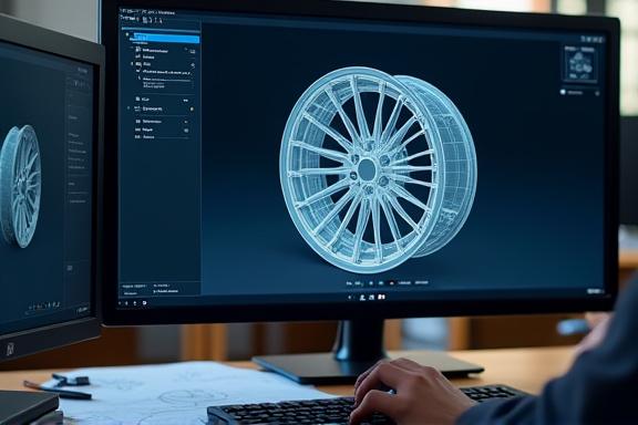 3D-CAD-Modell eines Autorads auf einem Computerbildschirm