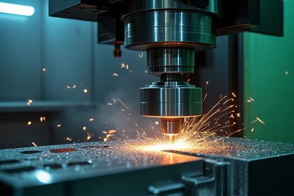 CNC-Maschine bei der Bearbeitung eines Metallblocks