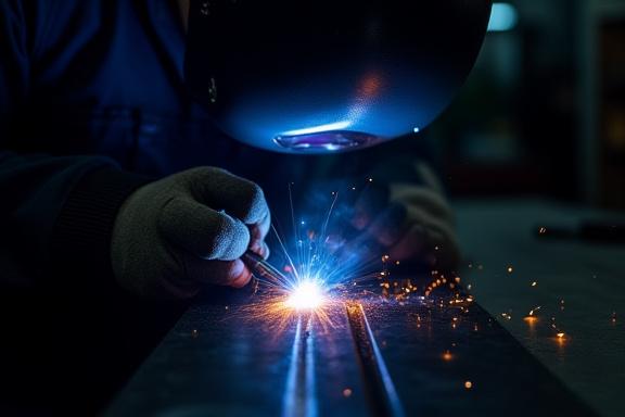 Handwerker beim präzisen Schweißen einer Titan-Abgasanlage